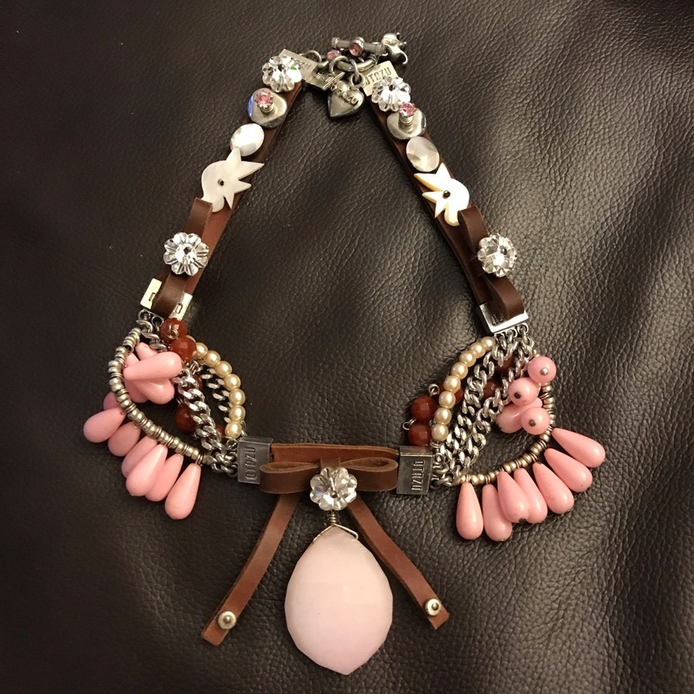 Rodrigo Otazu statement Necklace Leather, Stone, Crystal rose quartz crystals